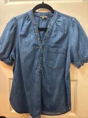 Denim Button Henley Top - Medium Blue